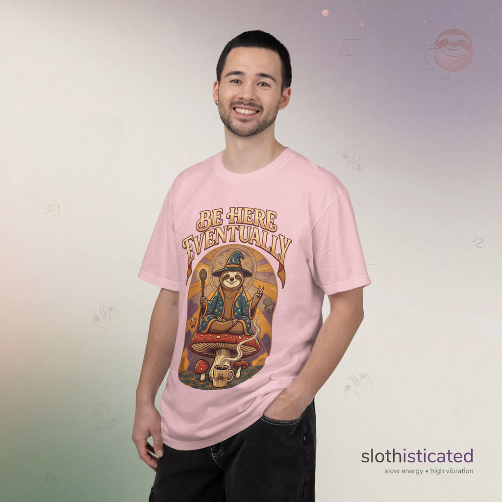 Be Here Eventually Sloth Graphic T-Shirt — Retro Meditation Tee
