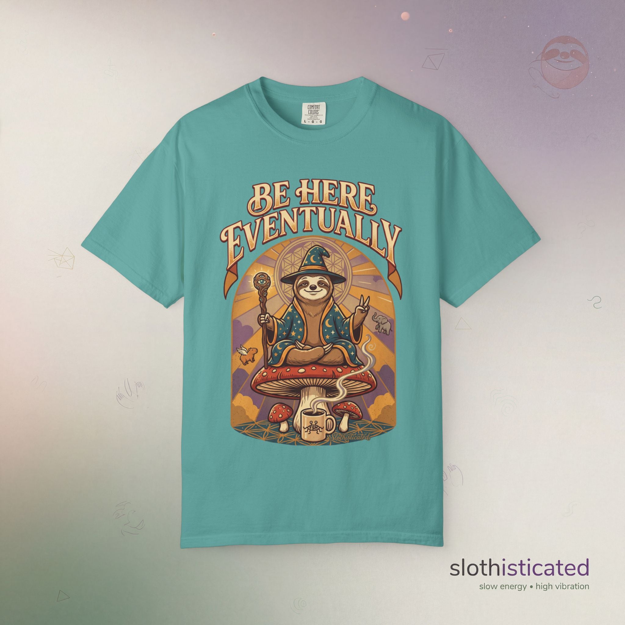 Be Here Eventually Sloth Graphic T-Shirt — Retro Meditation Tee