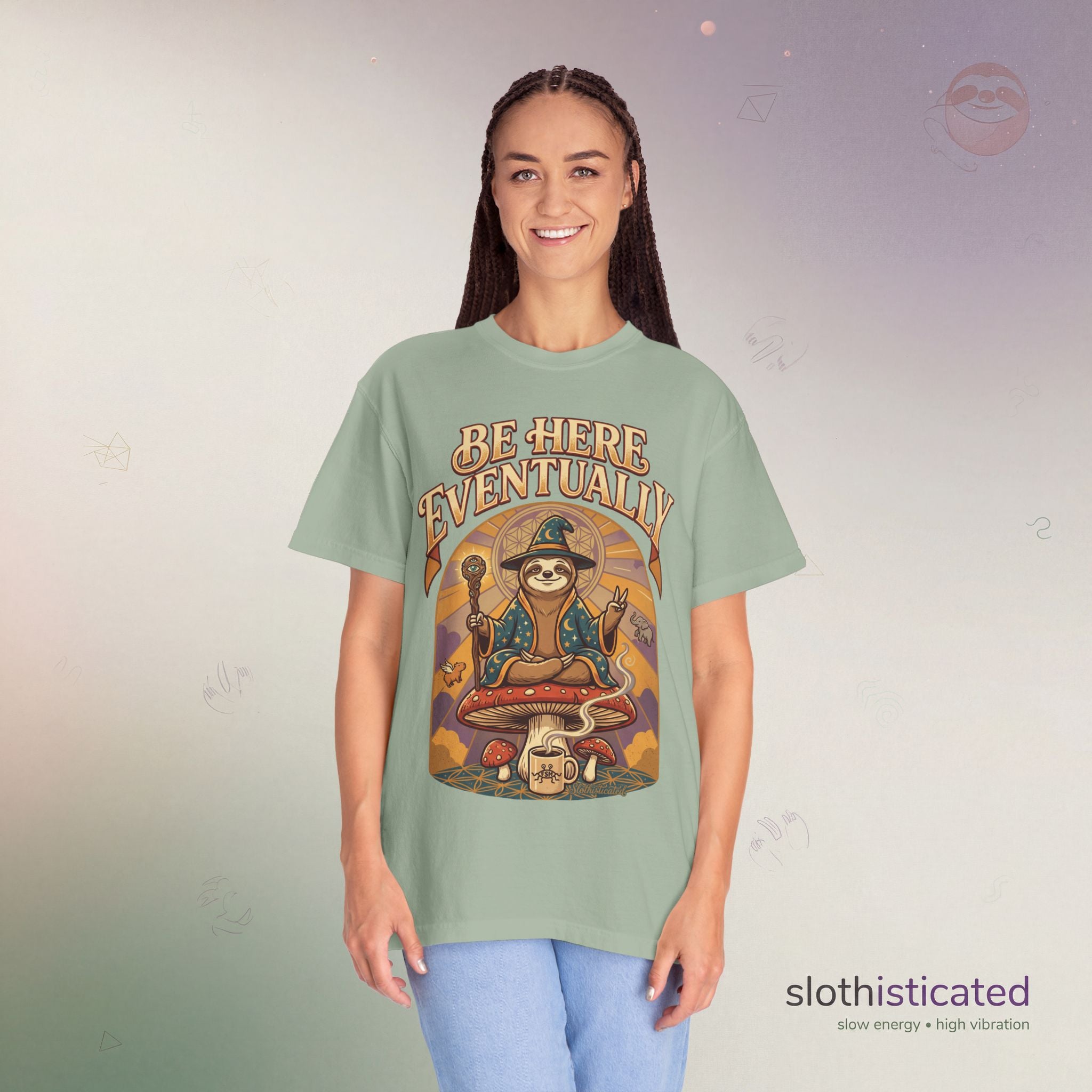 Be Here Eventually Sloth Graphic T-Shirt — Retro Meditation Tee