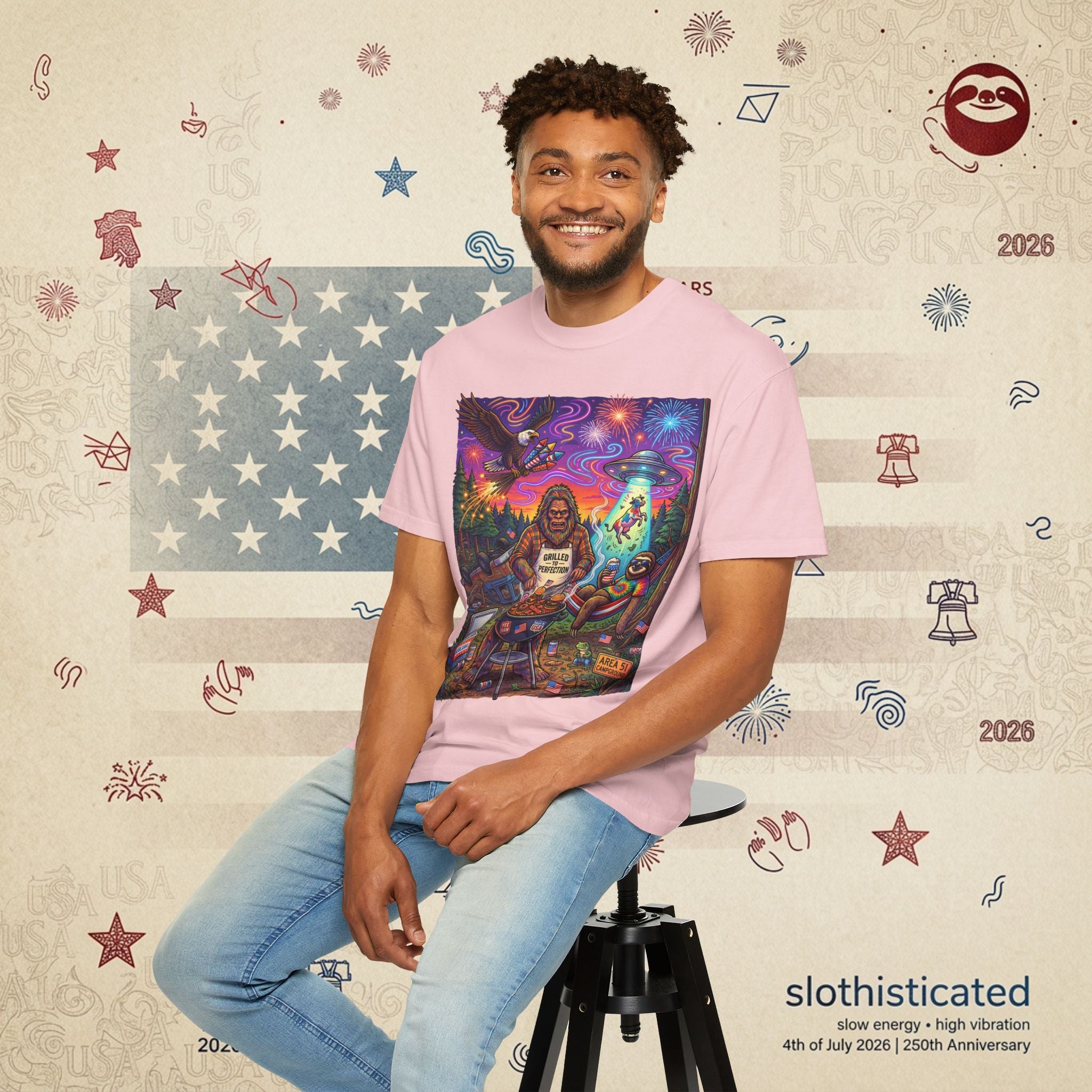 The Visitation — Psychedelic Sasquatch 4th of July BBQ UFO T-Shirt