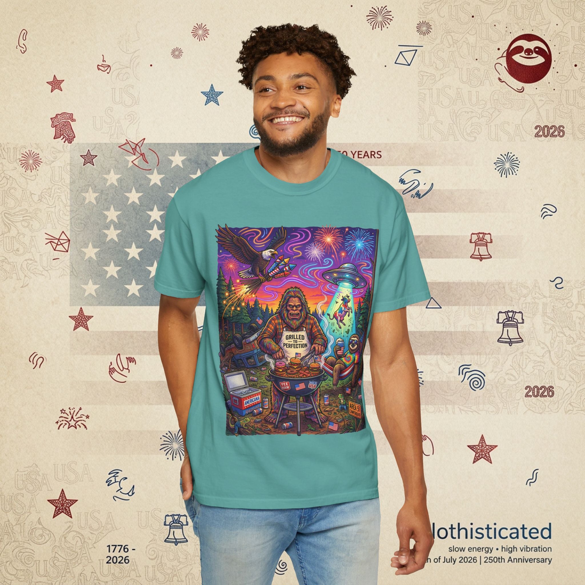 The Visitation — Psychedelic Sasquatch 4th of July BBQ UFO T-Shirt