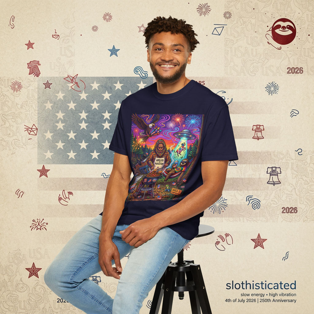 The Visitation — Psychedelic Sasquatch 4th of July BBQ UFO T-Shirt
