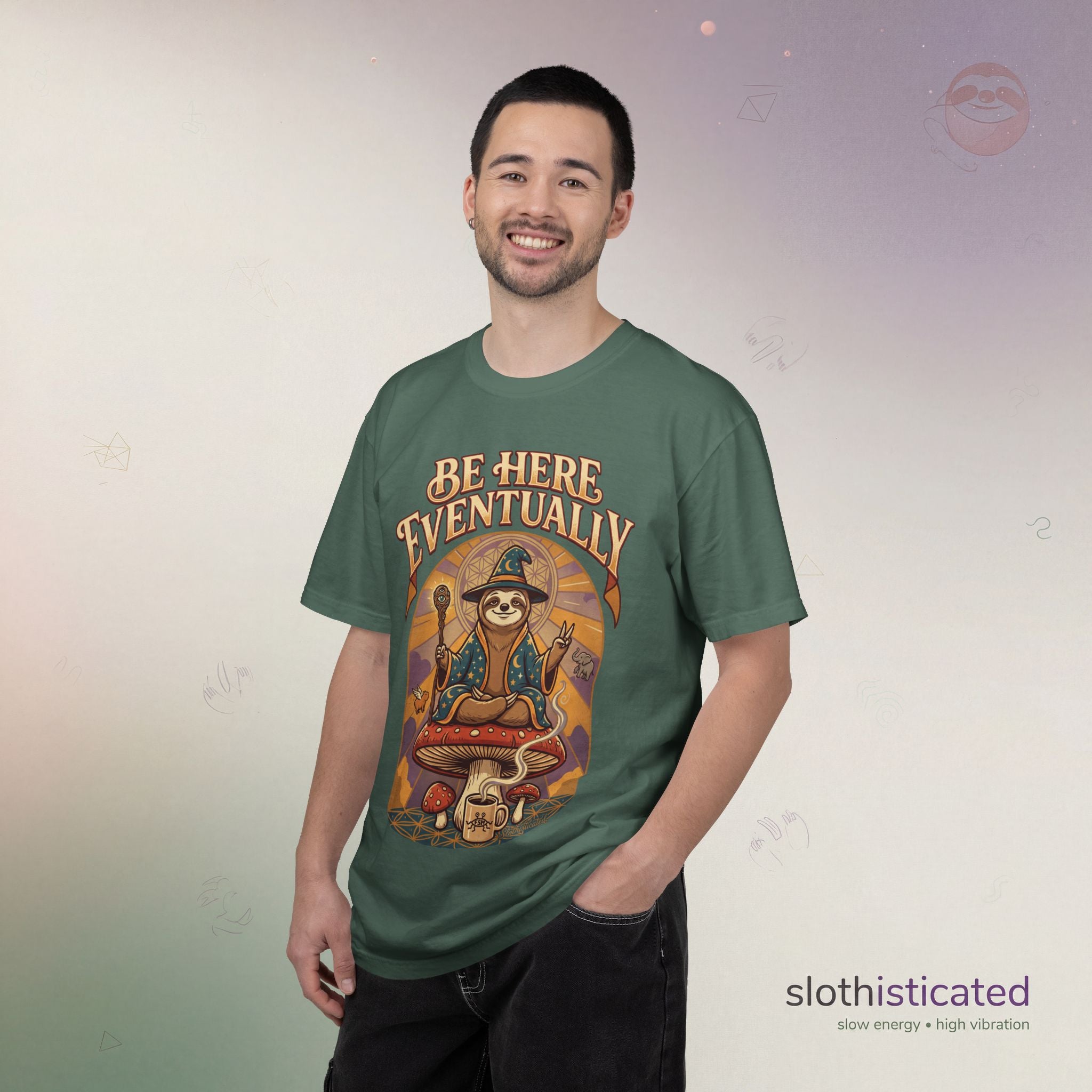Be Here Eventually Sloth Graphic T-Shirt — Retro Meditation Tee