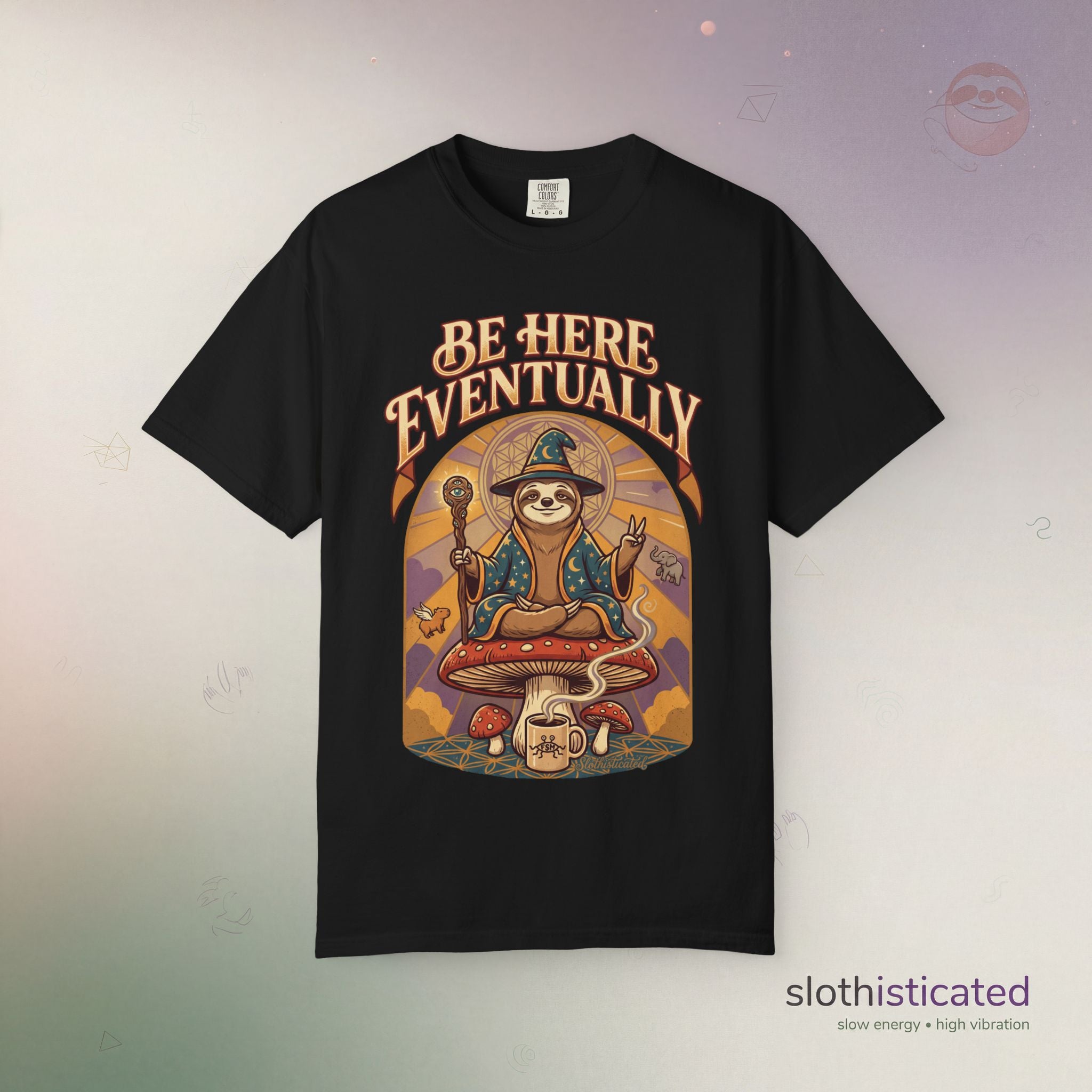 Be Here Eventually Sloth Graphic T-Shirt — Retro Meditation Tee