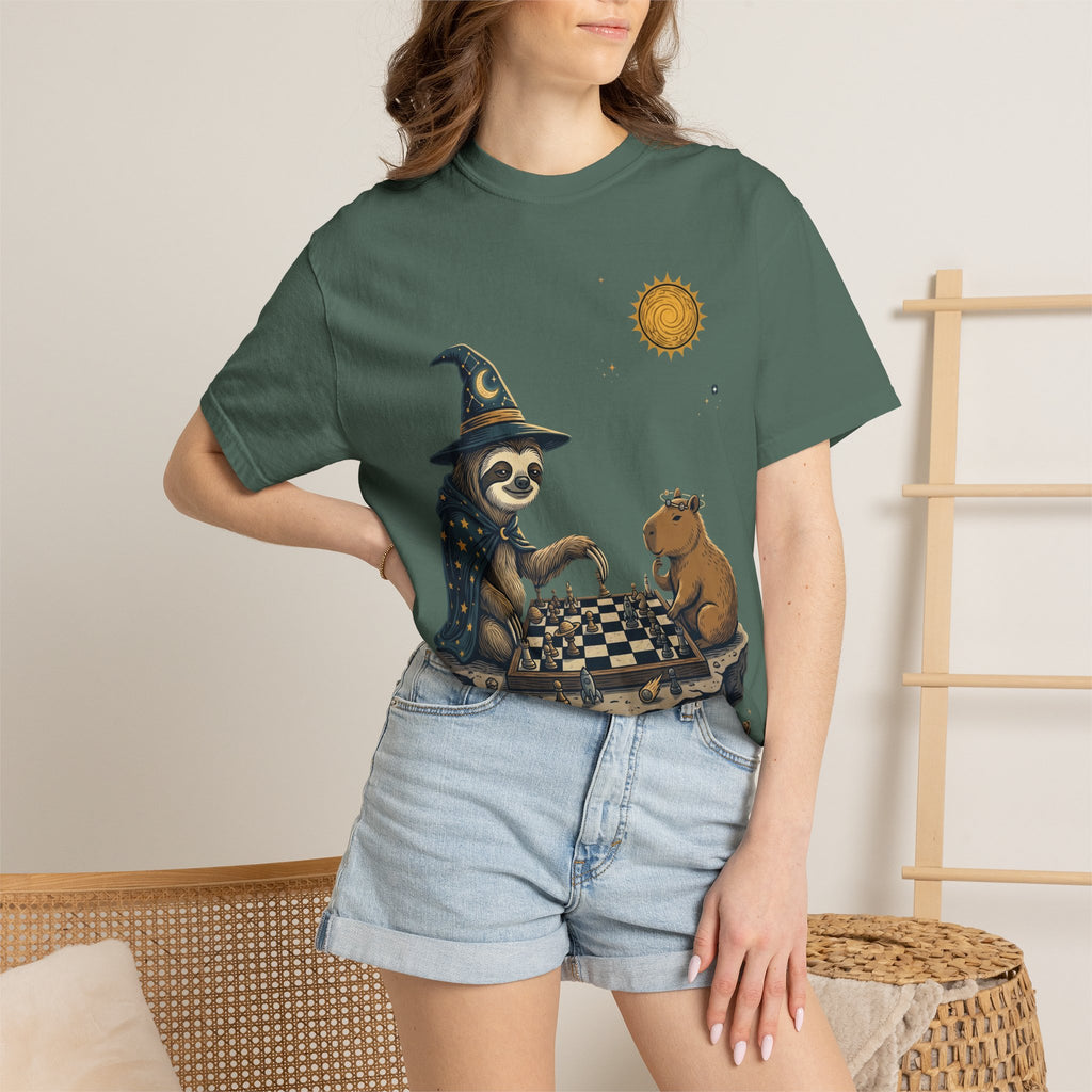 Wizard Sloth vs. Capybara Chess T-Shirt — Cute Fantasy Animal Game Tee