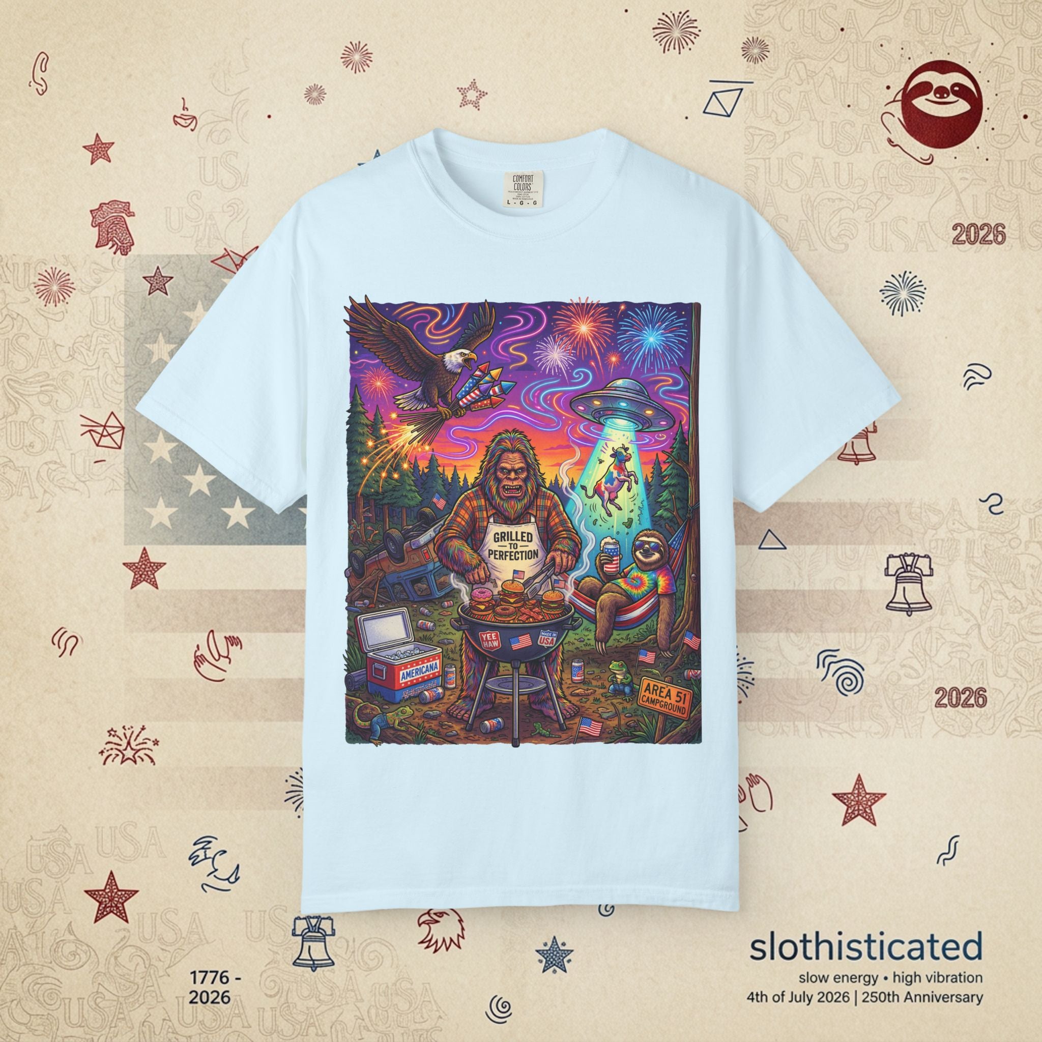 The Visitation — Psychedelic Sasquatch 4th of July BBQ UFO T-Shirt