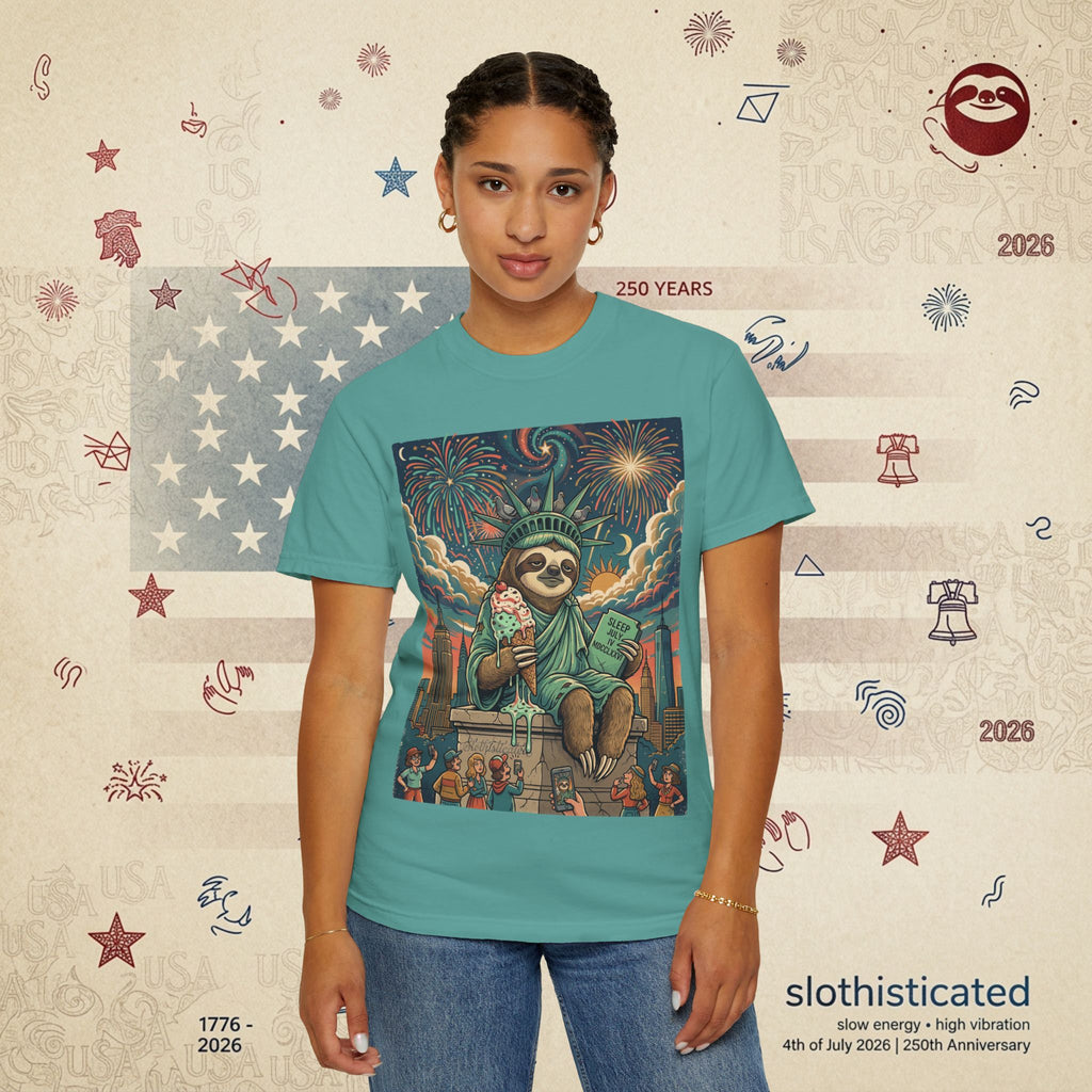 The Colossus — Liberty Sloth Statue Fireworks T-Shirt