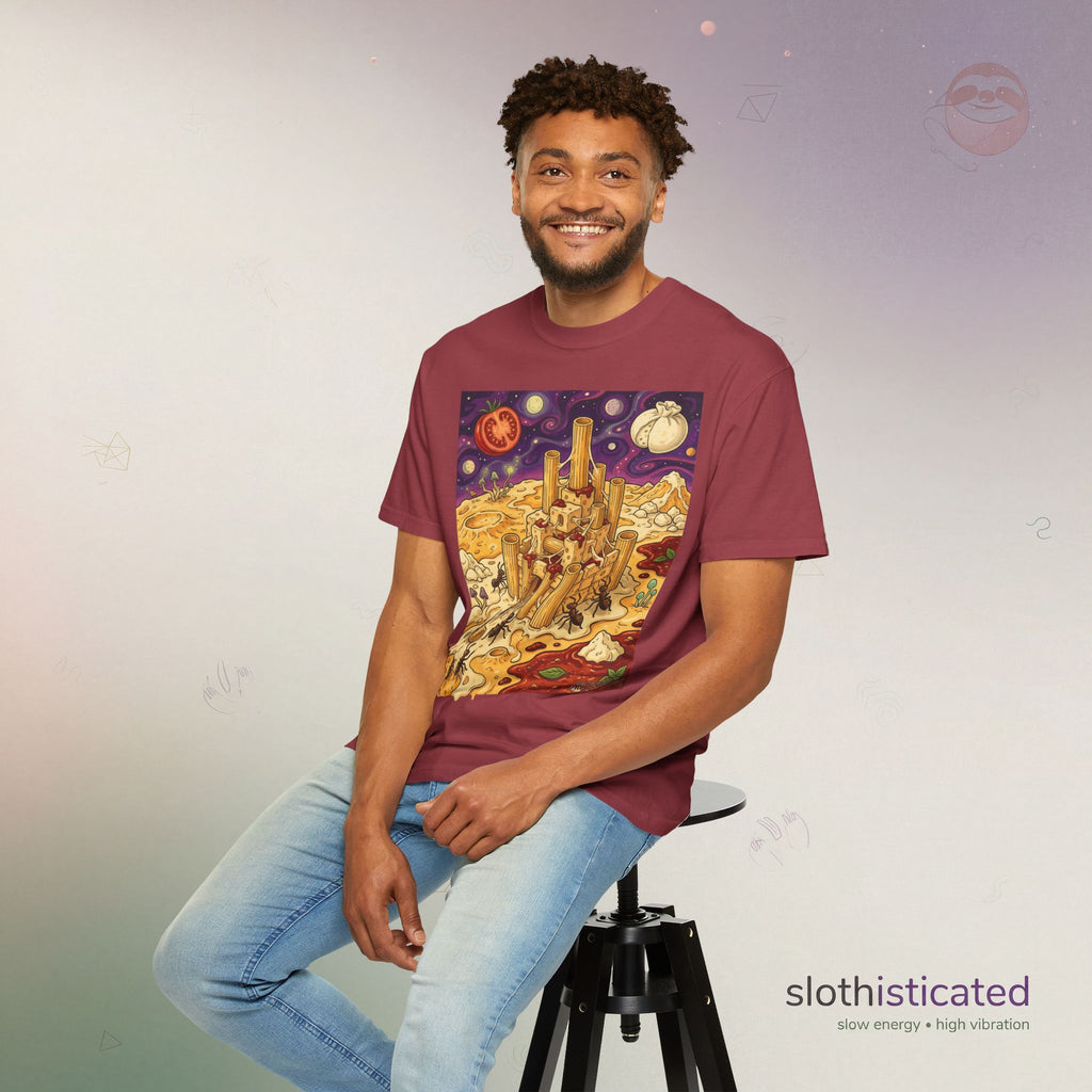 The Pasta Citadel — Funny Pasta Castle Tee · Surreal Foodie Art