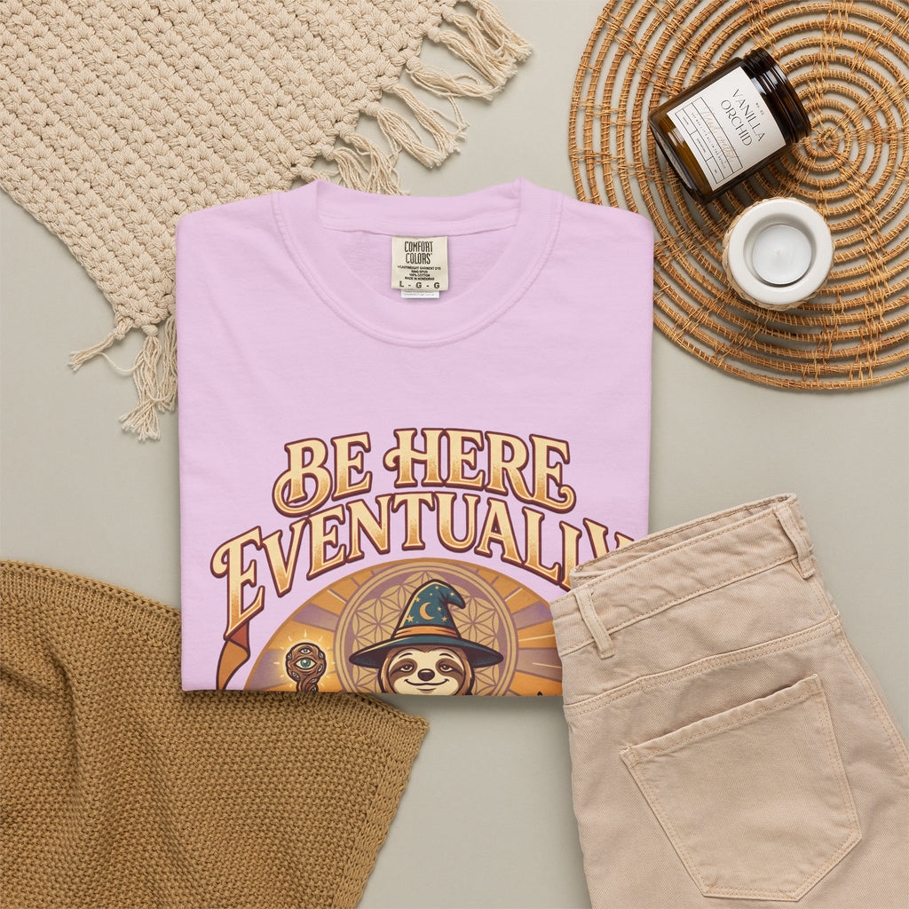 Be Here Eventually Sloth Graphic T-Shirt — Retro Meditation Tee