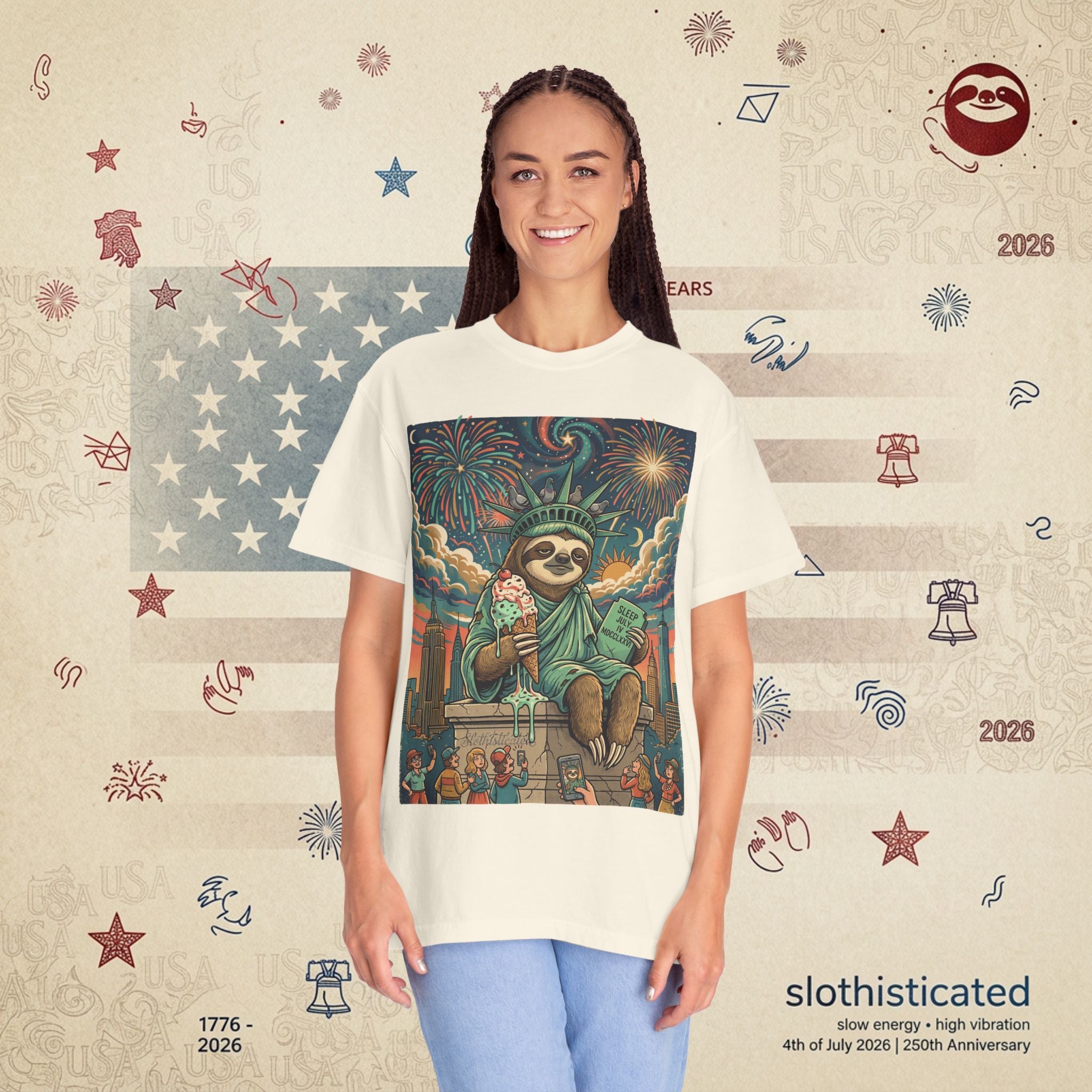 The Colossus — Liberty Sloth Statue Fireworks T-Shirt