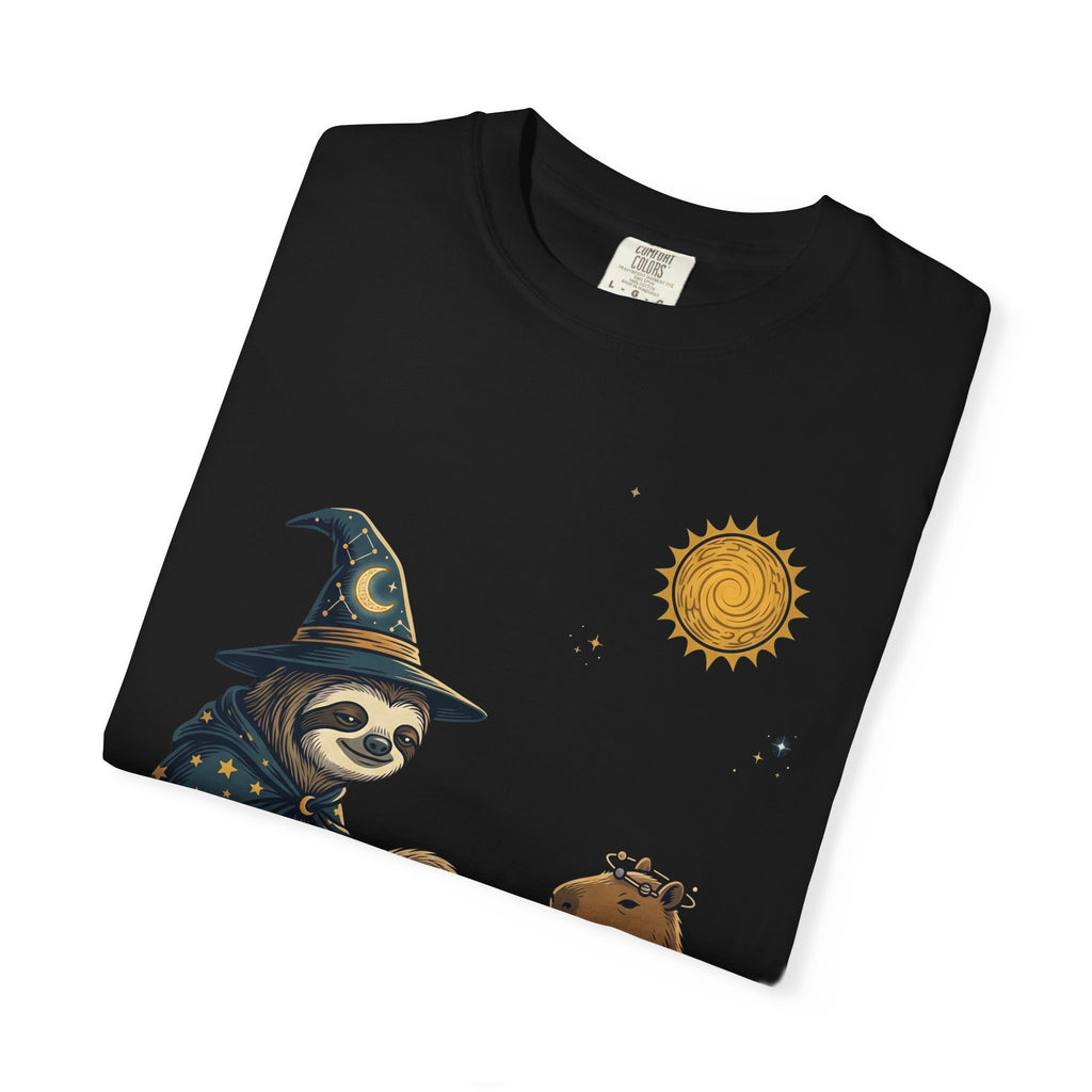 Wizard Sloth vs. Capybara Chess T-Shirt — Cute Fantasy Animal Game Tee