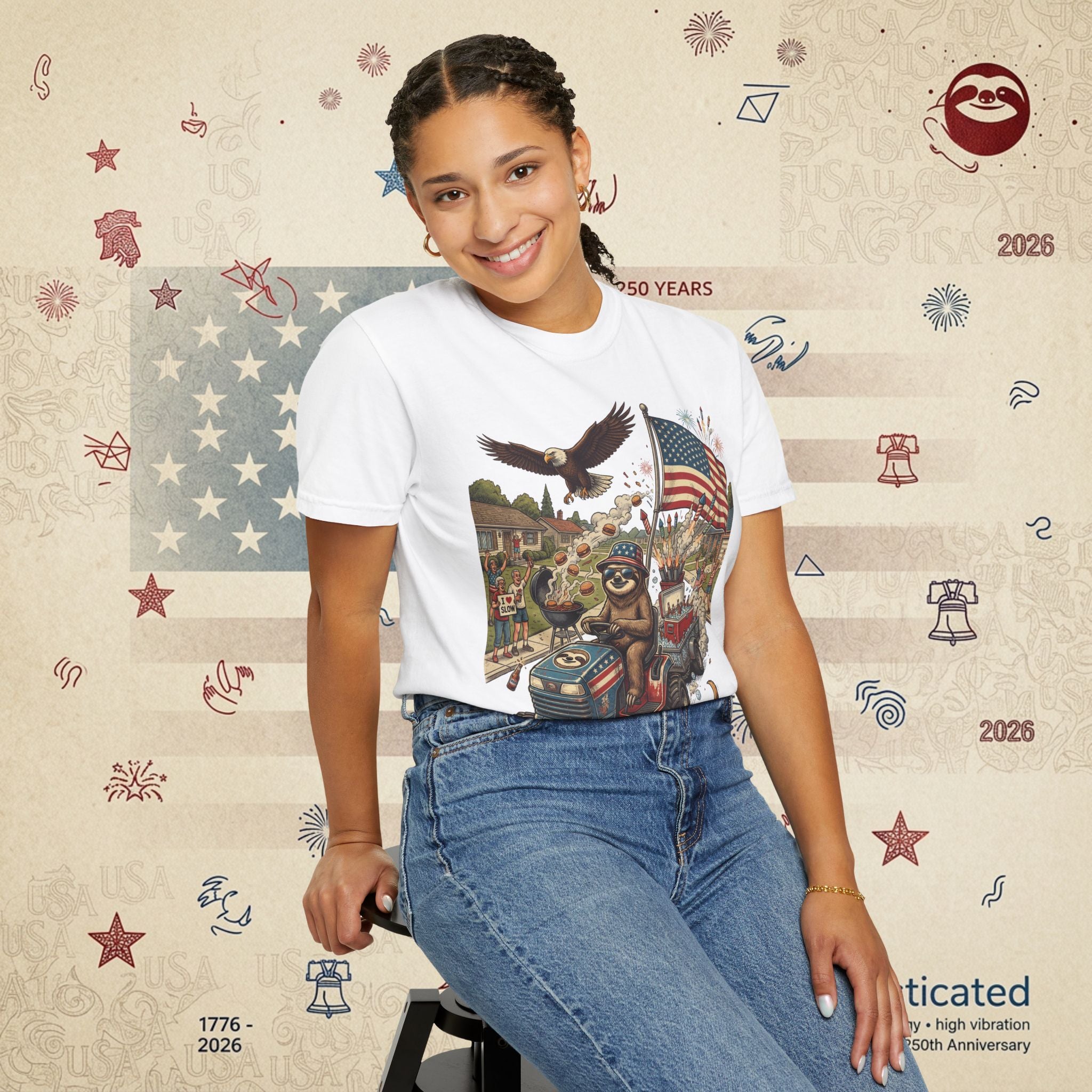The Slow Ride — Sloth Riding Mower Americana T-Shirt