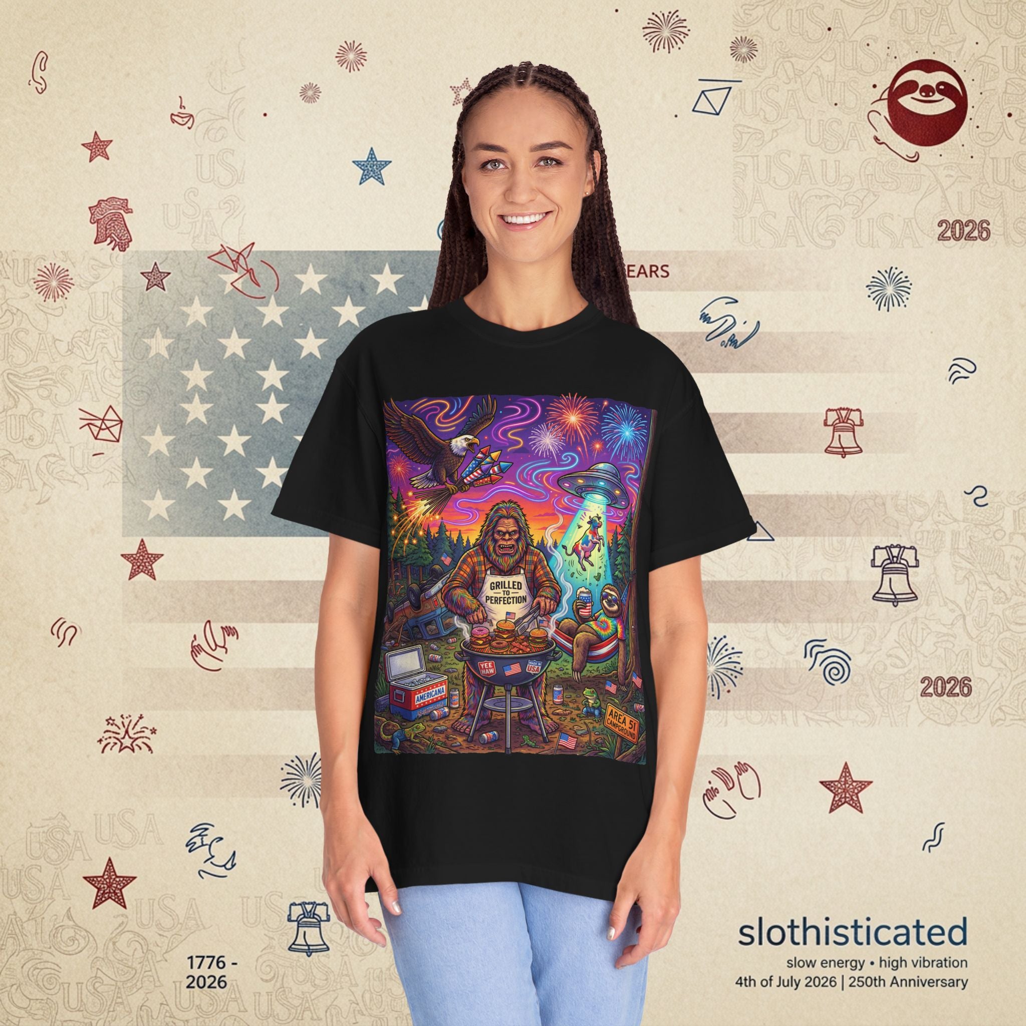 The Visitation — Psychedelic Sasquatch 4th of July BBQ UFO T-Shirt