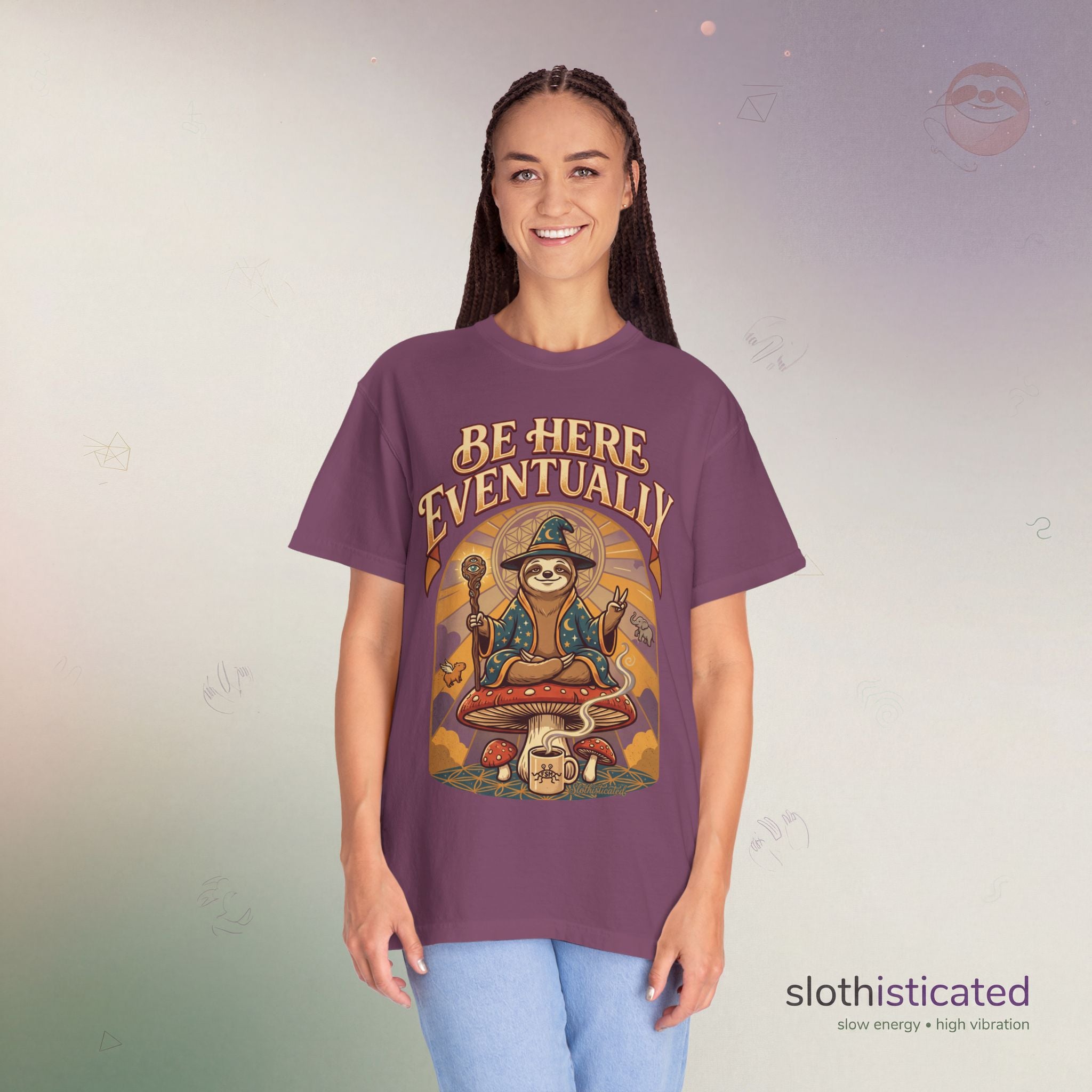 Be Here Eventually Sloth Graphic T-Shirt — Retro Meditation Tee