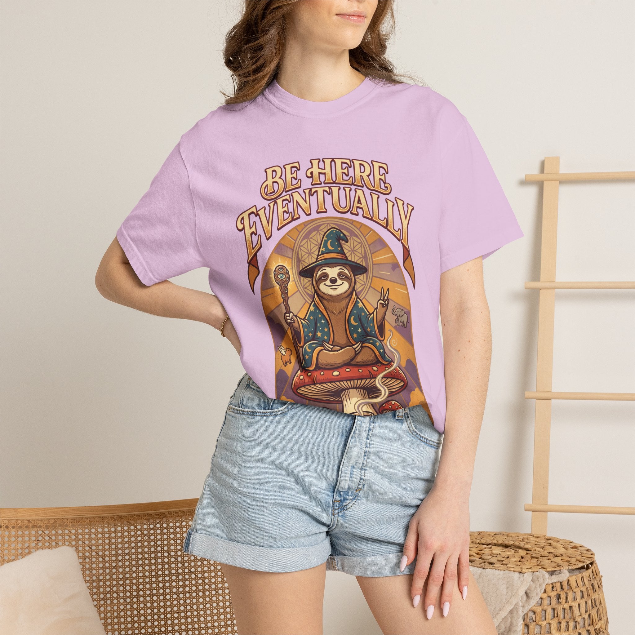 Be Here Eventually Sloth Graphic T-Shirt — Retro Meditation Tee
