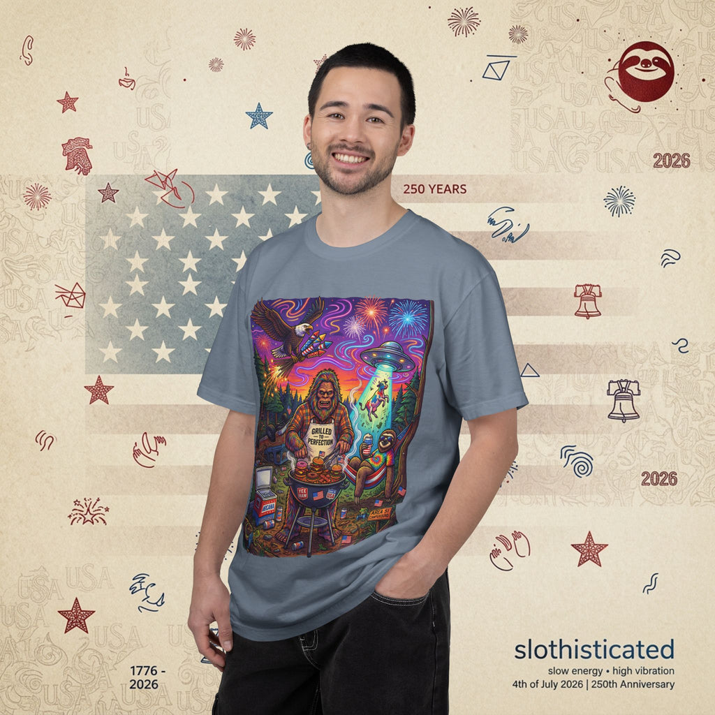 The Visitation — Psychedelic Sasquatch 4th of July BBQ UFO T-Shirt
