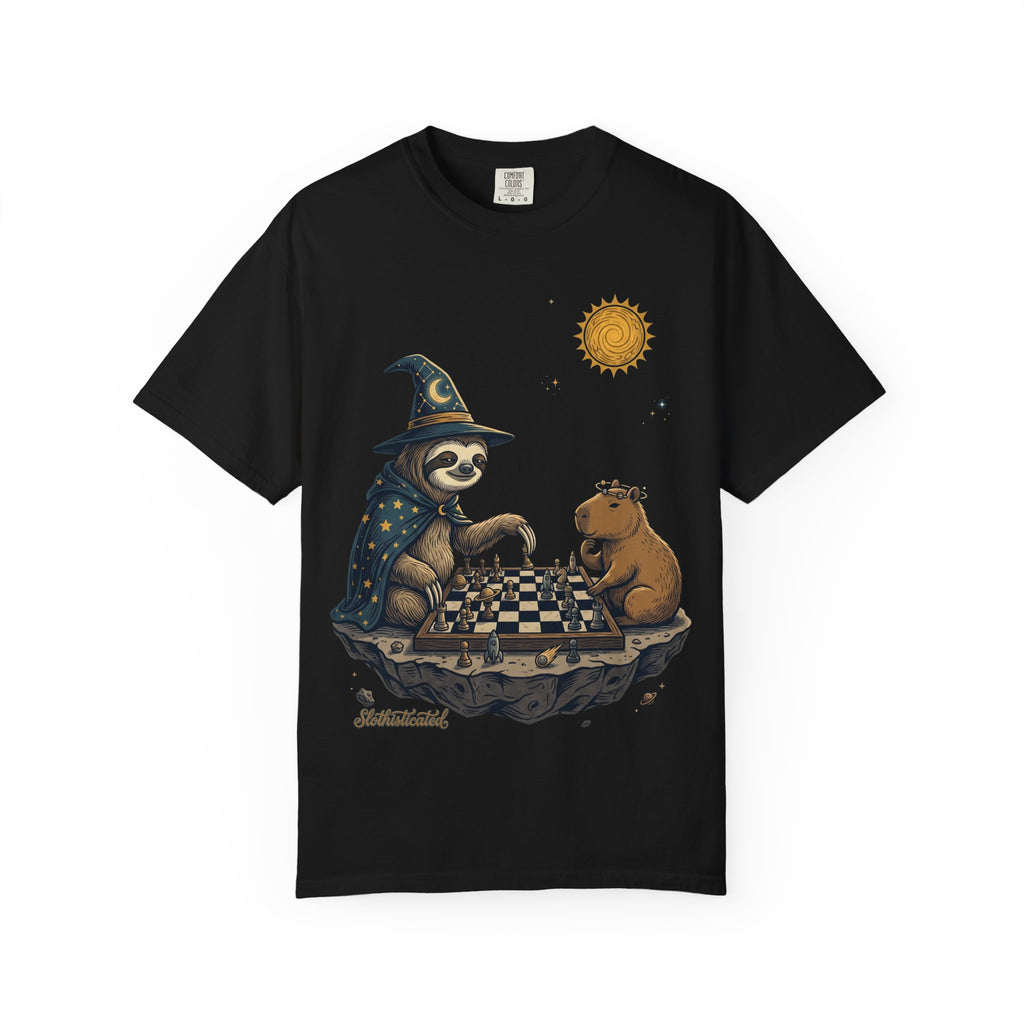 Wizard Sloth vs. Capybara Chess T-Shirt — Cute Fantasy Animal Game Tee