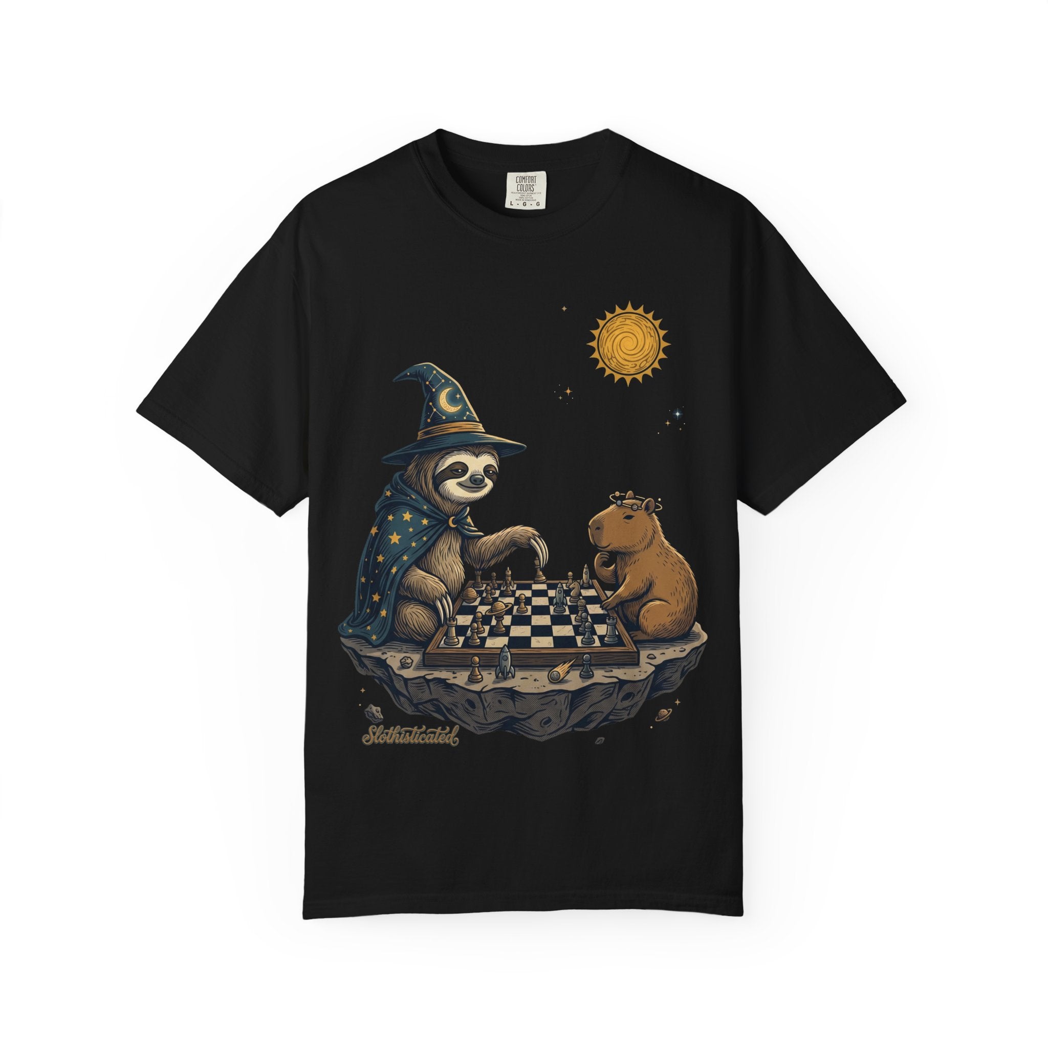 Wizard Sloth vs. Capybara Chess T-Shirt — Cute Fantasy Animal Game Tee