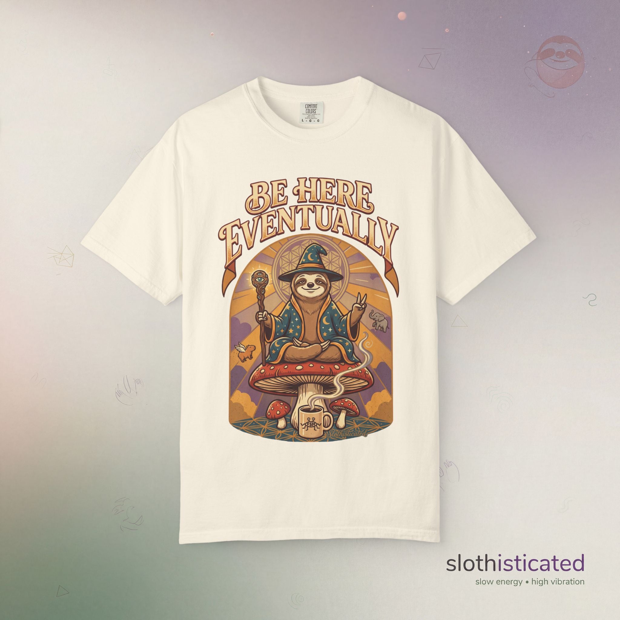 Be Here Eventually Sloth Graphic T-Shirt — Retro Meditation Tee