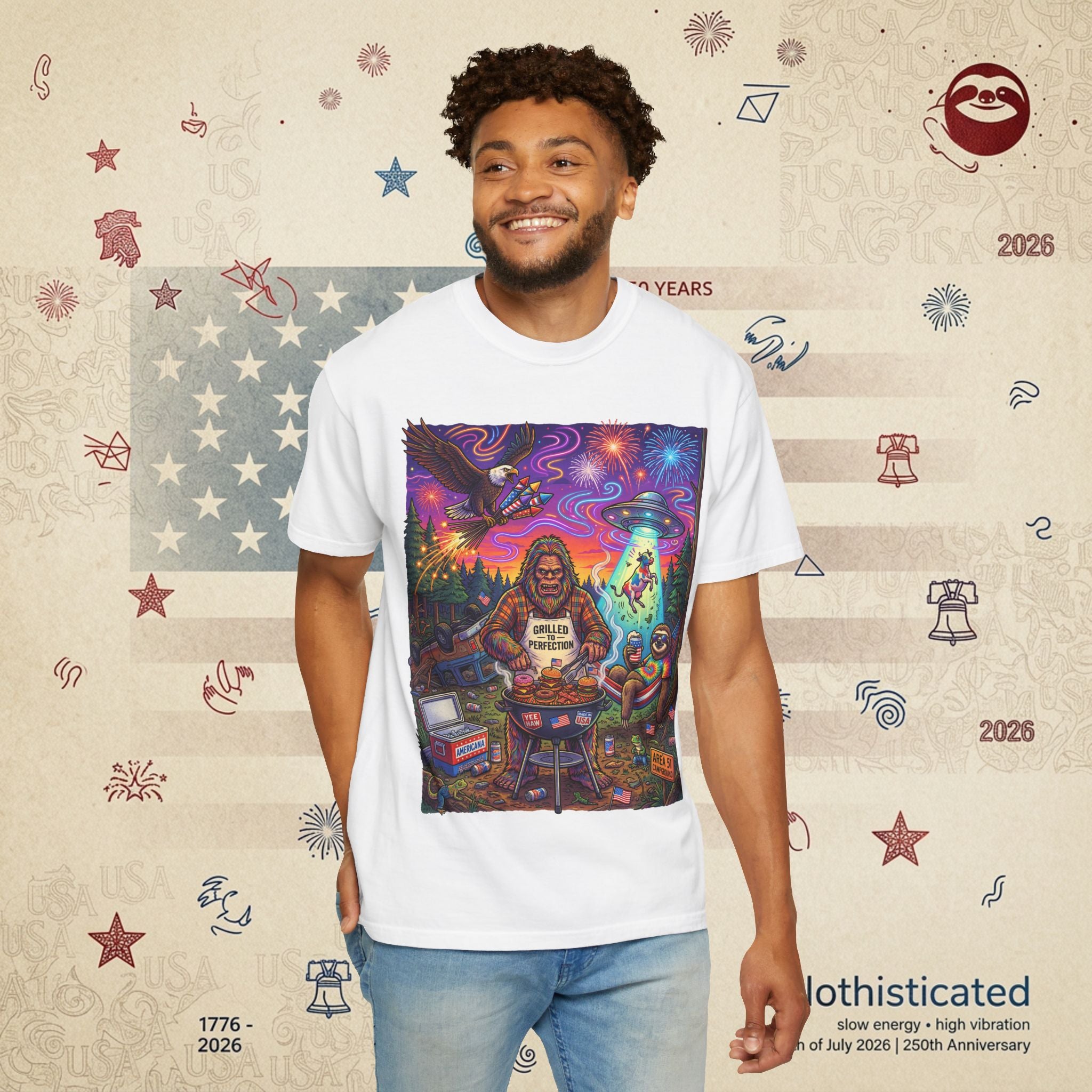 The Visitation — Psychedelic Sasquatch 4th of July BBQ UFO T-Shirt