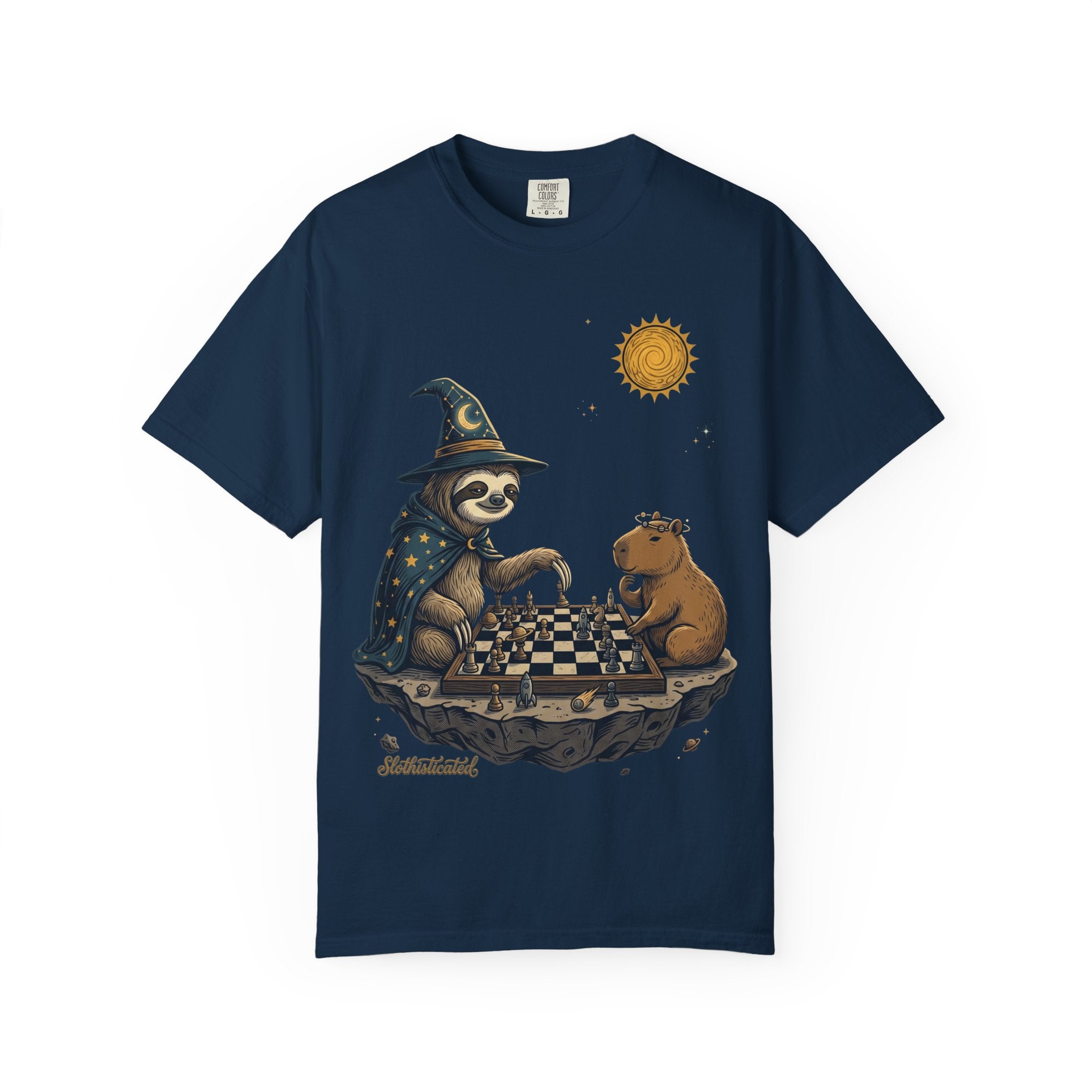 Wizard Sloth vs. Capybara Chess T-Shirt — Cute Fantasy Animal Game Tee