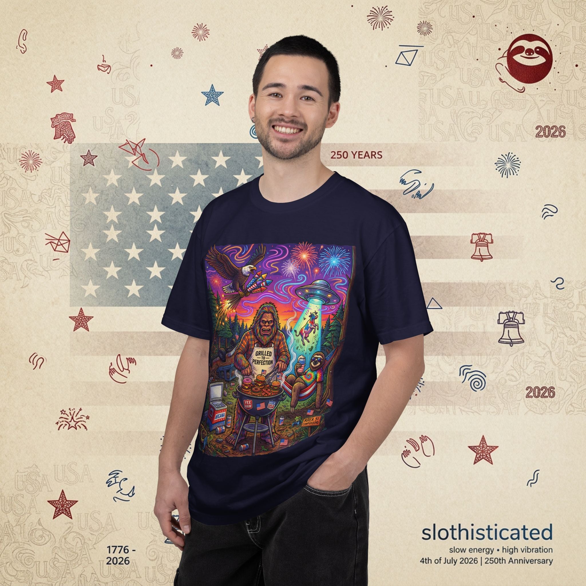 The Visitation — Psychedelic Sasquatch 4th of July BBQ UFO T-Shirt