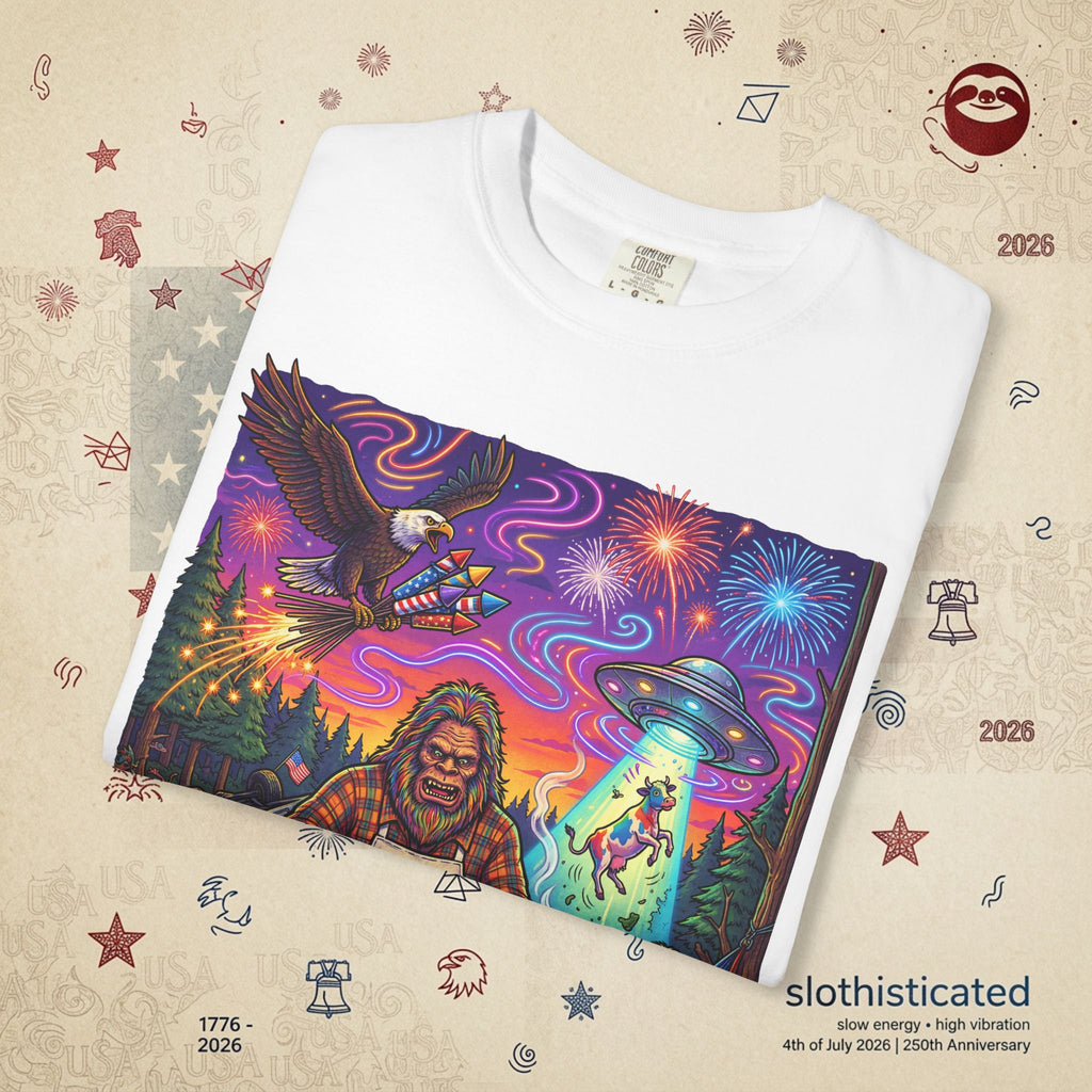 The Visitation — Psychedelic Sasquatch 4th of July BBQ UFO T-Shirt
