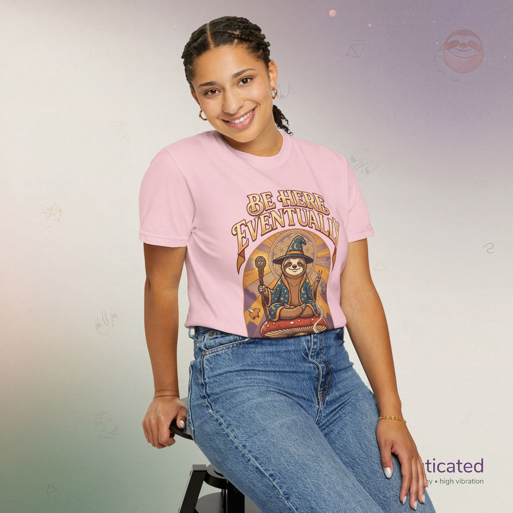Be Here Eventually Sloth Graphic T-Shirt — Retro Meditation Tee