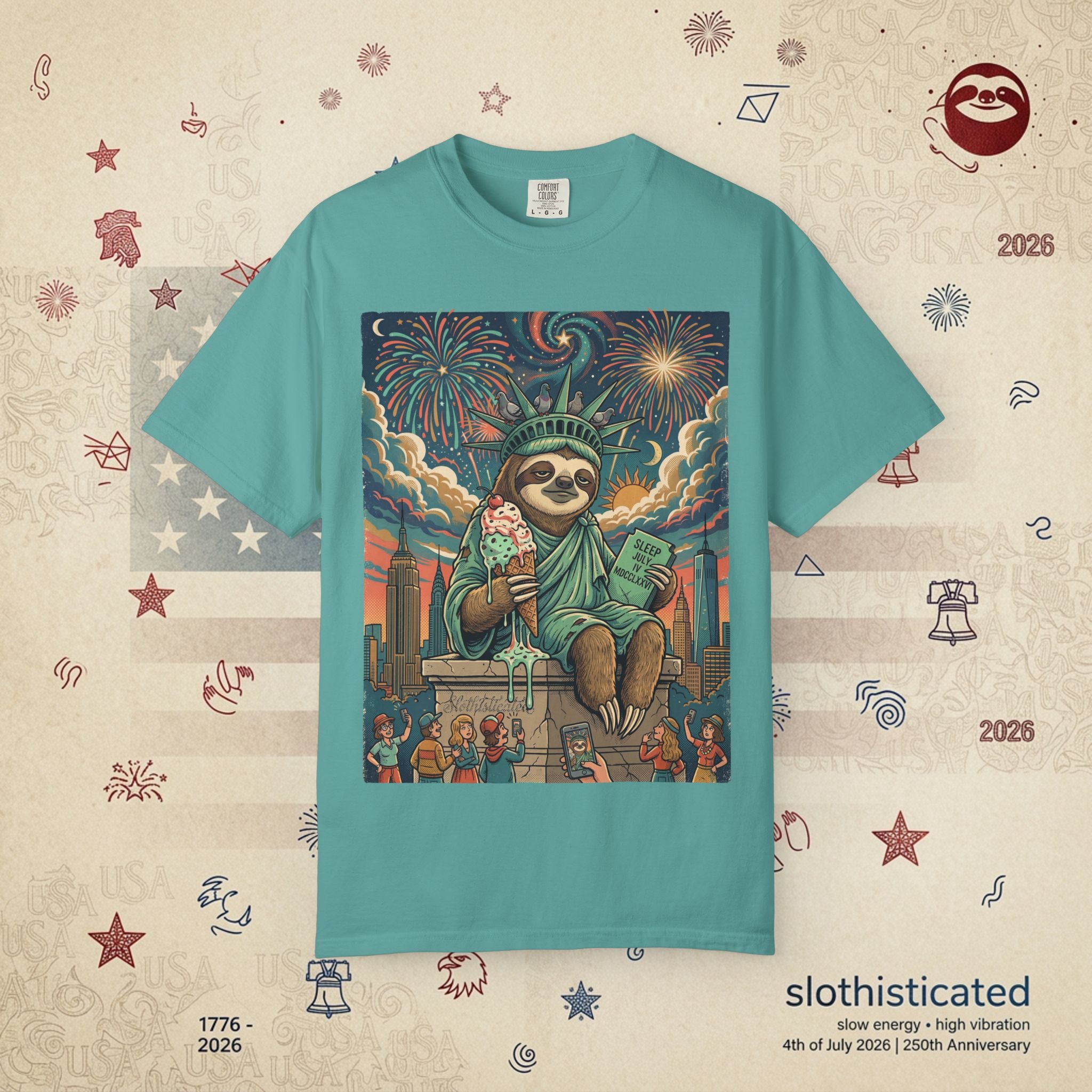 The Colossus — Liberty Sloth Statue Fireworks T-Shirt
