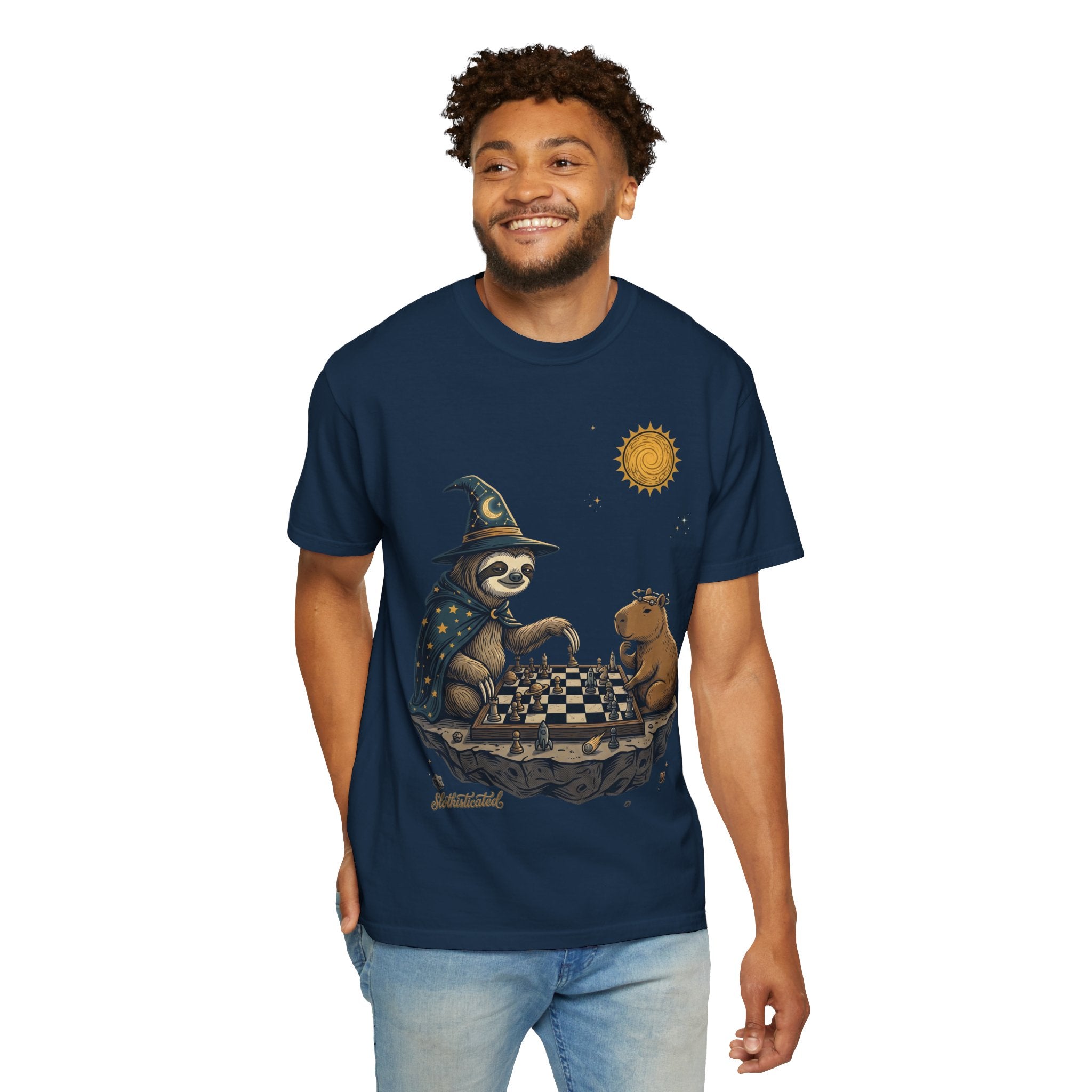Wizard Sloth vs. Capybara Chess T-Shirt — Cute Fantasy Animal Game Tee