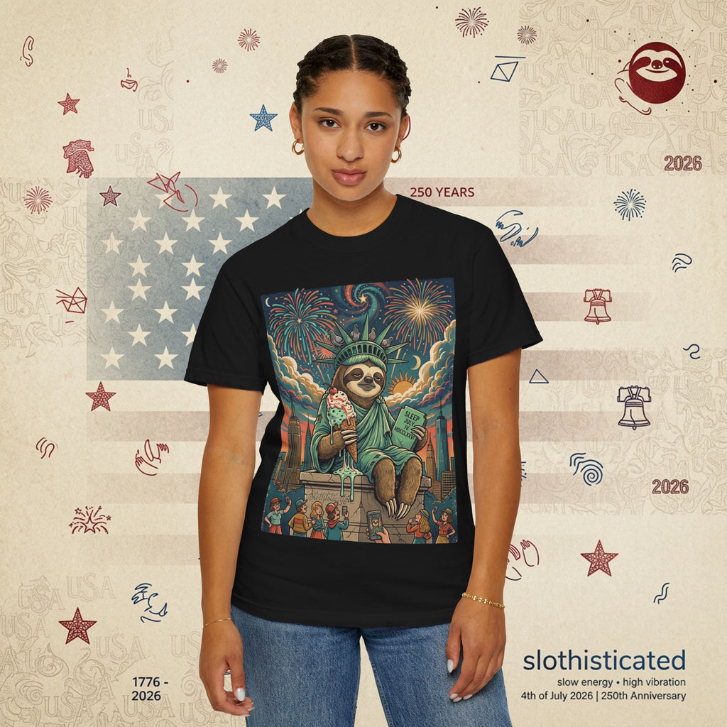 The Colossus — Liberty Sloth Statue Fireworks T-Shirt